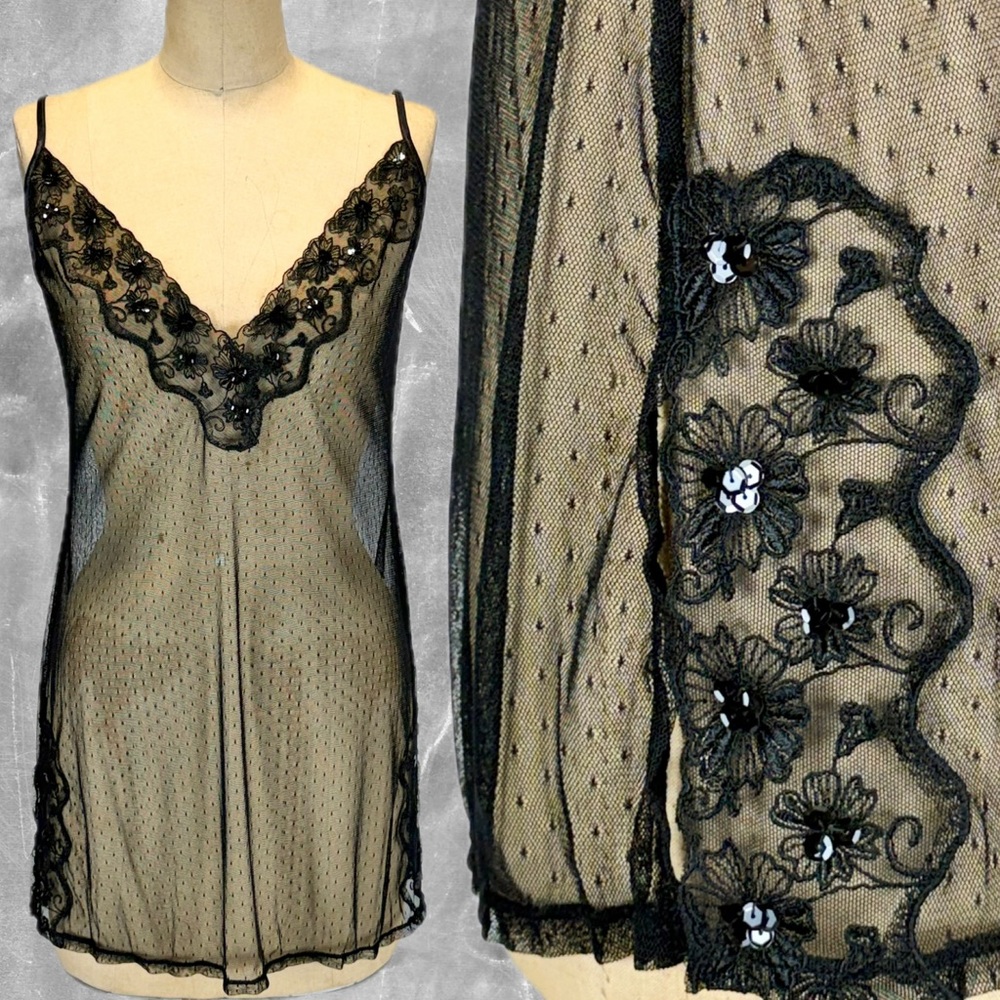 Victorias Secret black lace mesh nighty negligee mini nightgown floral sequin L